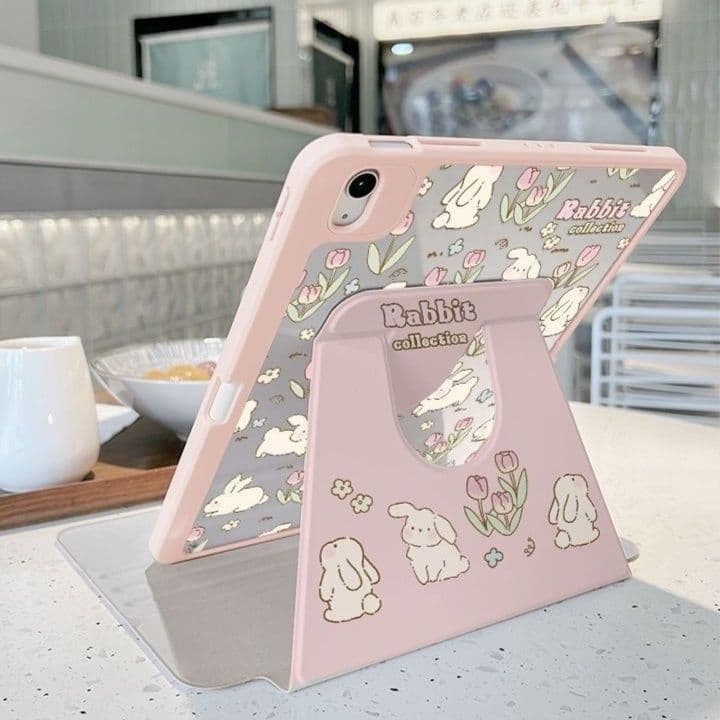 タブレットケース iPad/iPad Air/iPad Pro/mini うさぎと花柄のスタンド機能付き保護カバー