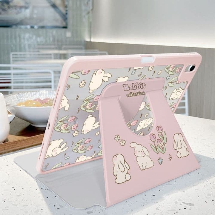 タブレットケース iPad/iPad Air/iPad Pro/mini うさぎと花柄のスタンド機能付き保護カバー
