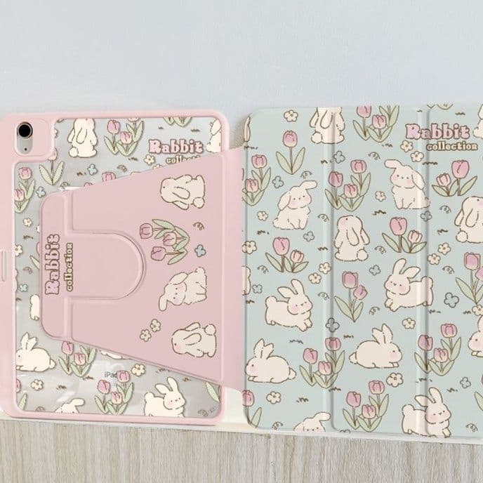 タブレットケース iPad/iPad Air/iPad Pro/mini うさぎと花柄のスタンド機能付き保護カバー