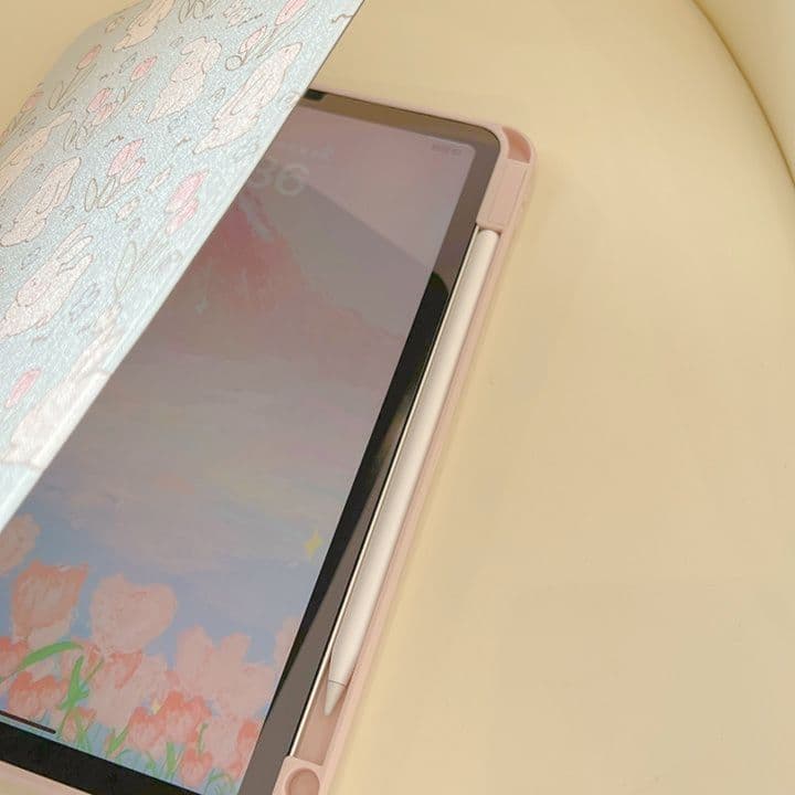 タブレットケース iPad/iPad Air/iPad Pro/mini うさぎと花柄のスタンド機能付き保護カバー