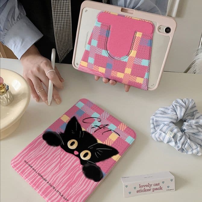 タブレットケース 愛らしい黒猫チェック柄スタンド機能付きタブレットケース iPad/iPad Air/iPad Pro/mini
