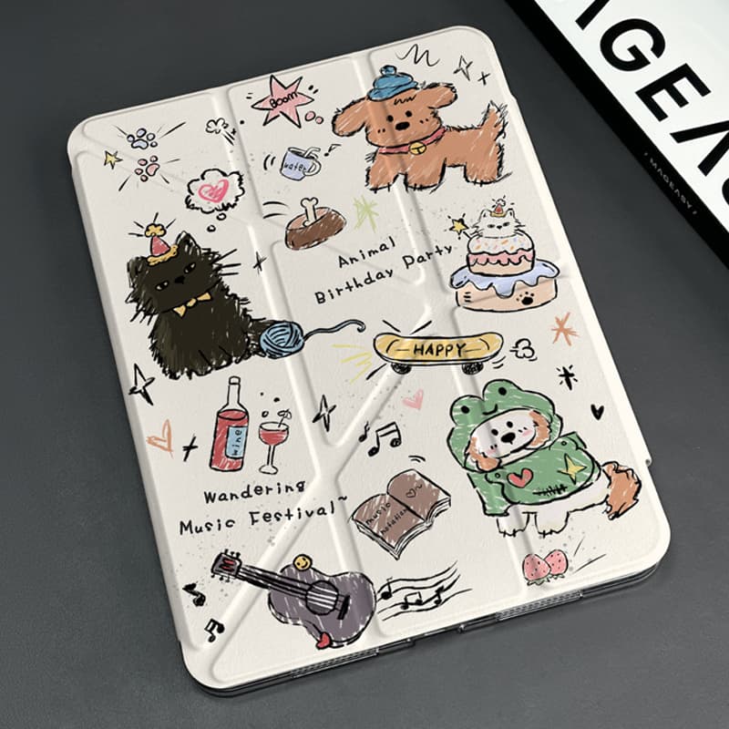 タブレットケース iPad/iPad Air/iPad Pro/mini ねこ仲間イラスト折りたたみケース