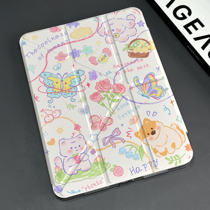 タブレットケース iPad/iPad Air/iPad Pro/mini ねこ仲間イラスト折りたたみケース