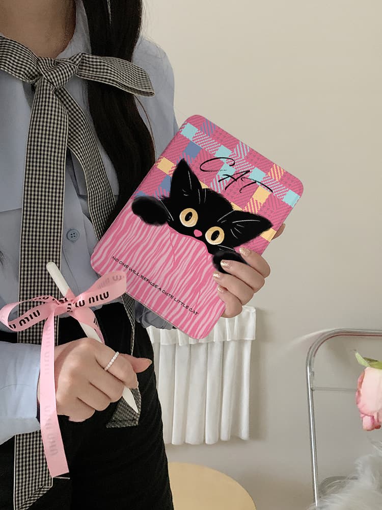 タブレットケース 愛らしい黒猫チェック柄スタンド機能付きタブレットケース iPad/iPad Air/iPad Pro/mini