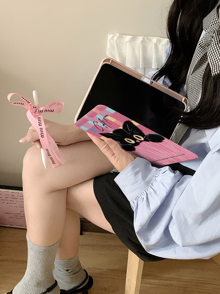 タブレットケース 愛らしい黒猫チェック柄スタンド機能付きタブレットケース iPad/iPad Air/iPad Pro/mini