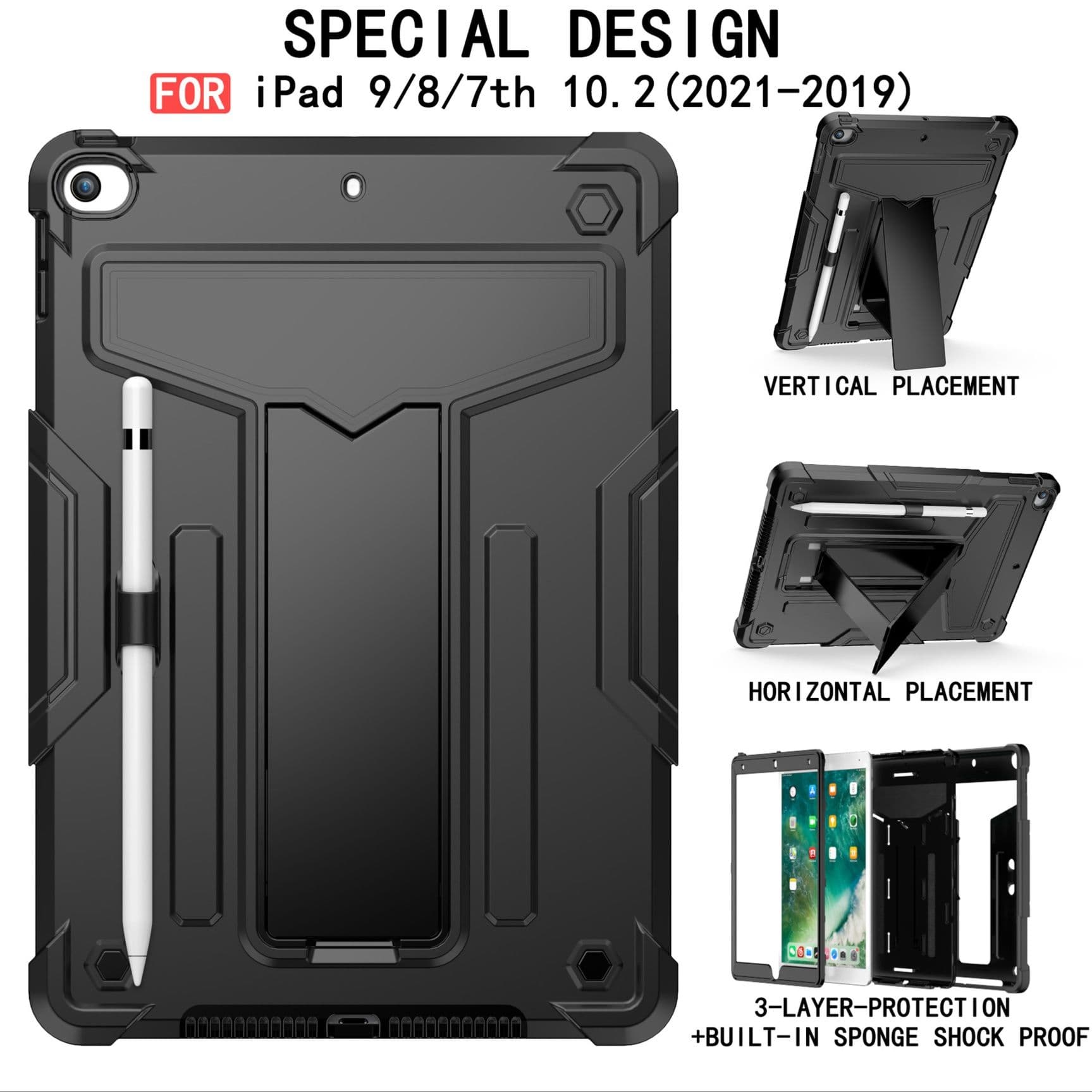タブレットケース 3層構造/耐衝撃ス/タンド付きペンホルダー搭載保護カバー iPad / iPad Air