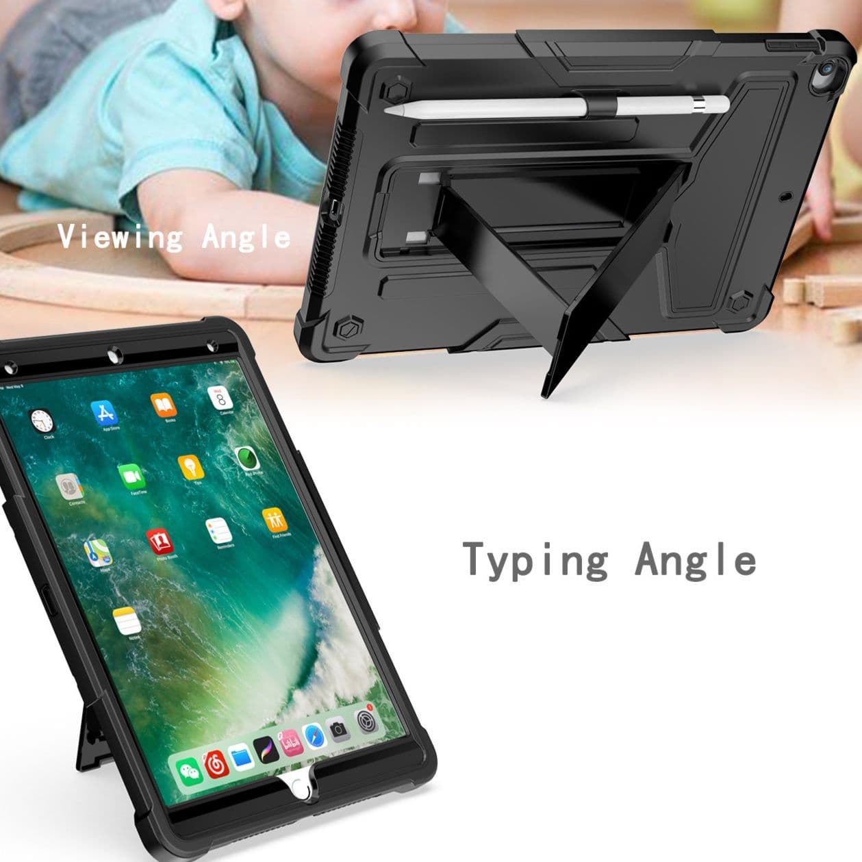 タブレットケース 3層構造/耐衝撃ス/タンド付きペンホルダー搭載保護カバー iPad / iPad Air