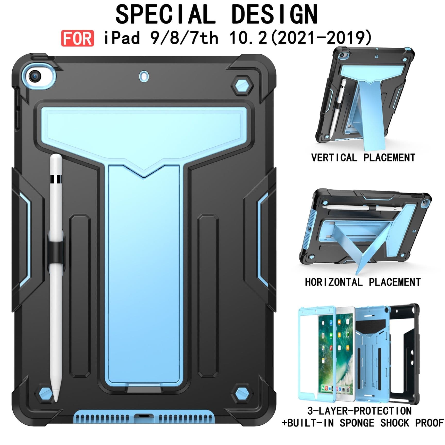 タブレットケース 3層構造/耐衝撃ス/タンド付きペンホルダー搭載保護カバー iPad / iPad Air